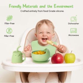 SiIicone Baby Feeding Set With Suction, 10 Pcs Baby Led Weaning Supplies With Suction Bowl Divided Plate Adjustable Soft Bib Spoon Fork Snack Cup (Option: Baby feeding Set Green)